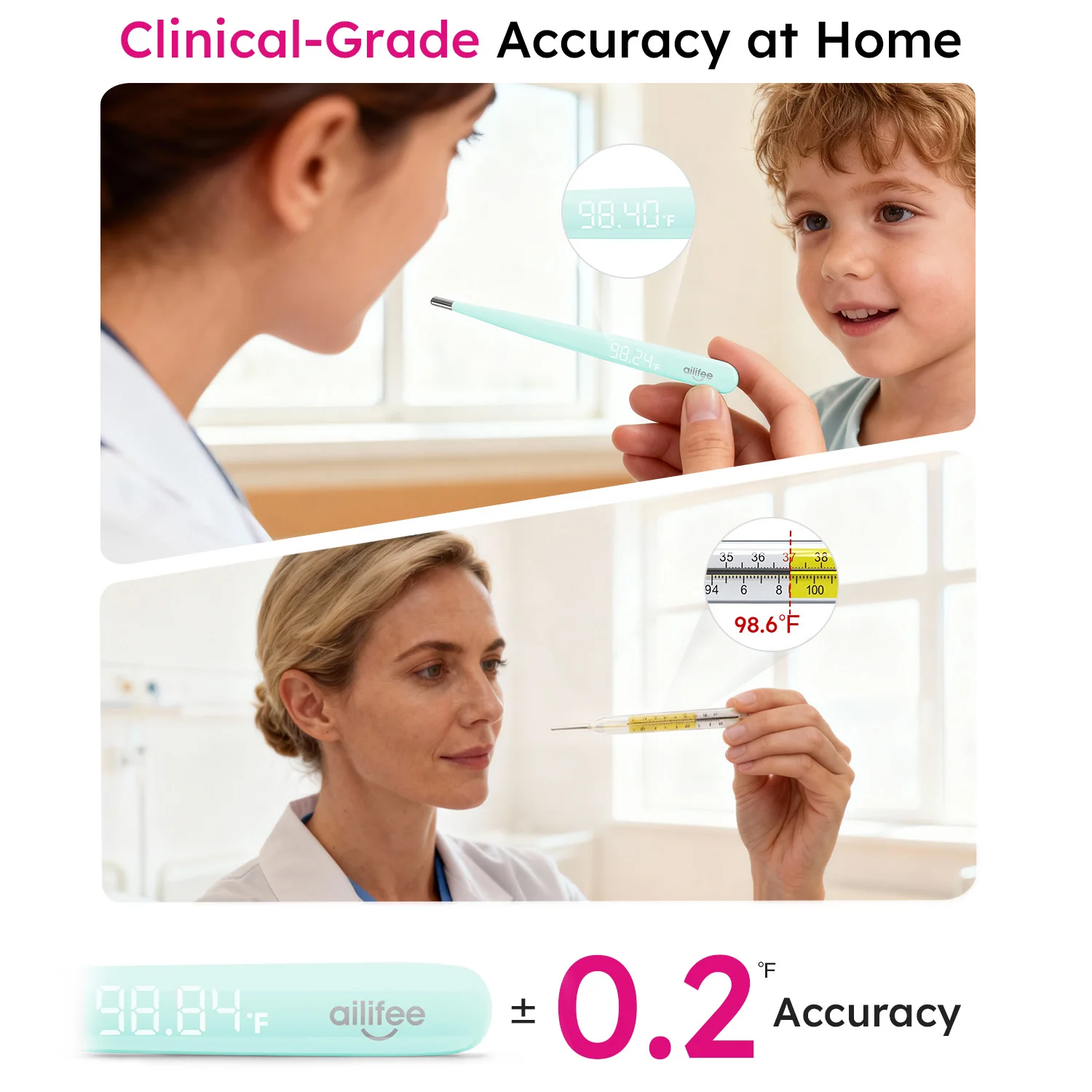AILIFEE Oral Digital Thermometer, Rechargeable Thermometer for Baby, Toddlers, Kids & Adults, Medical-Grade Accurate Fast Reading  with LED Display & Fever Alert, AET-F371