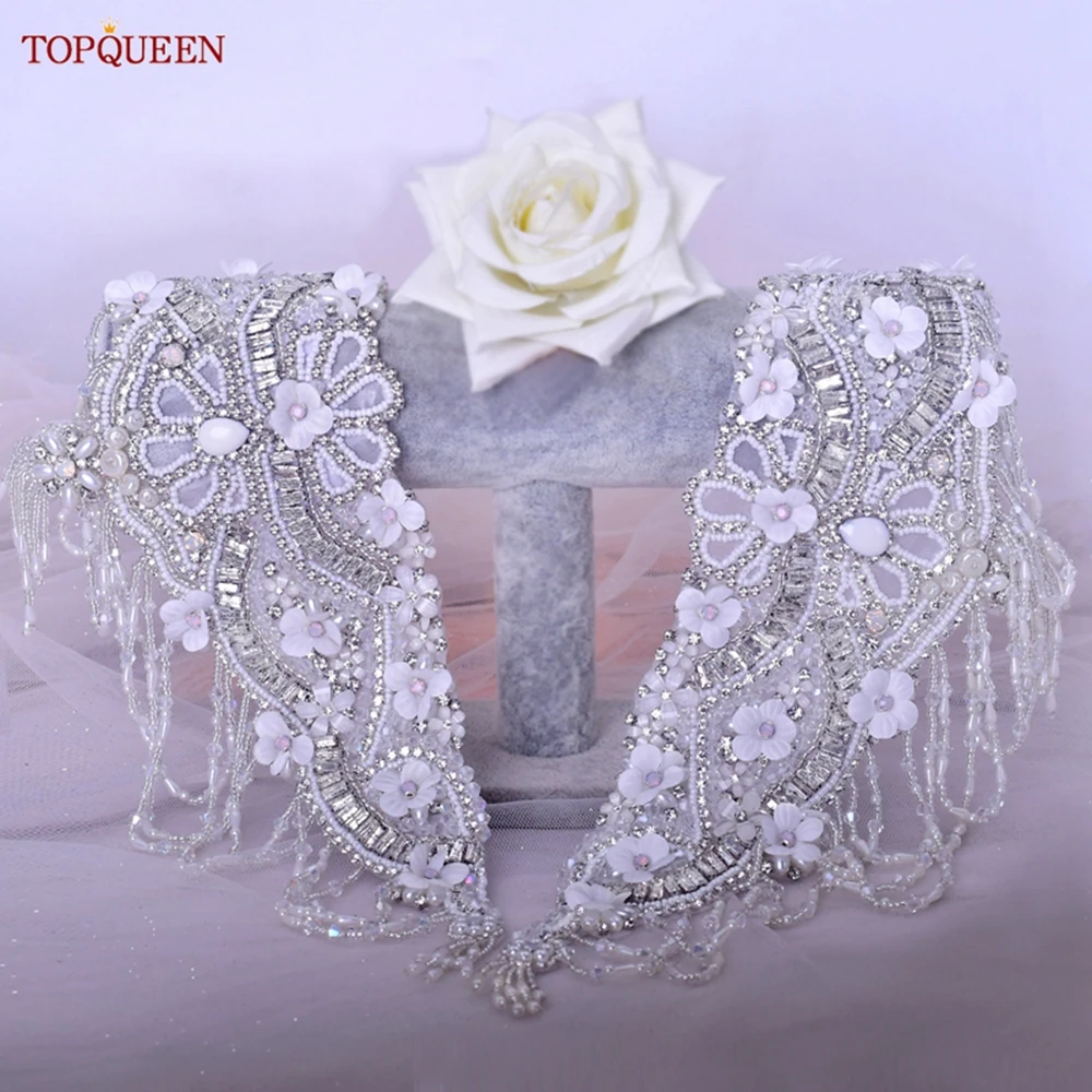 TOPQUEEN SP64 Handmade Shiny Epaulettes Shoulder Mark Patches Beaded And Applique Rhinestones Sew for Patch Women Epaulets