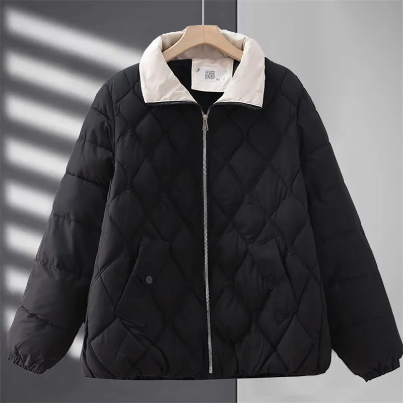 Winter Short Cotton Jacket Women 2023 New Loose Stand-Up Collar Check Coat Pure Colour Outerwear Fashion Pocket Overcoat Female