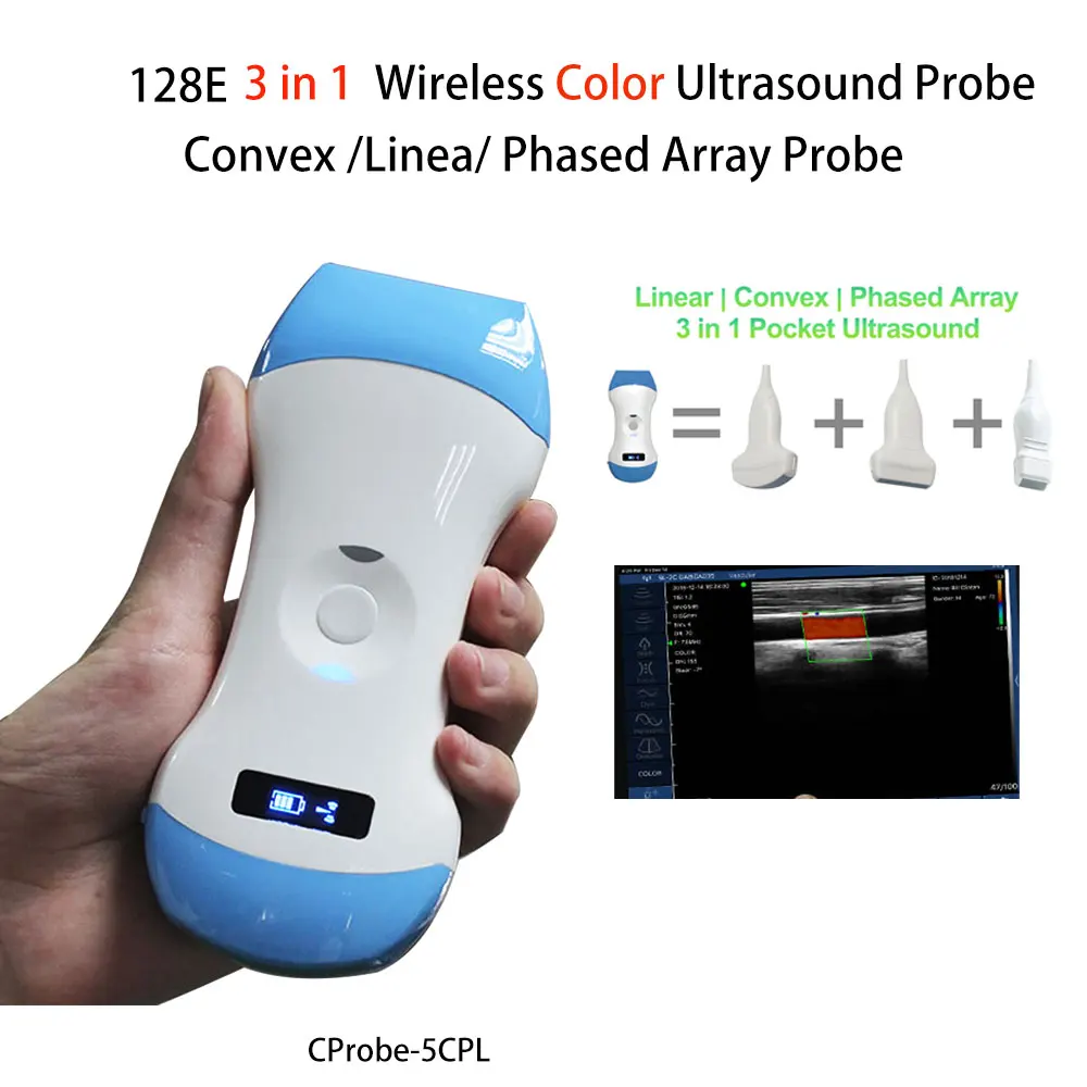 128E 3 in 1 Ultrasound Probe Wireless Color Doppler Convex Linear Phased Array Probe support iOS Android Windows