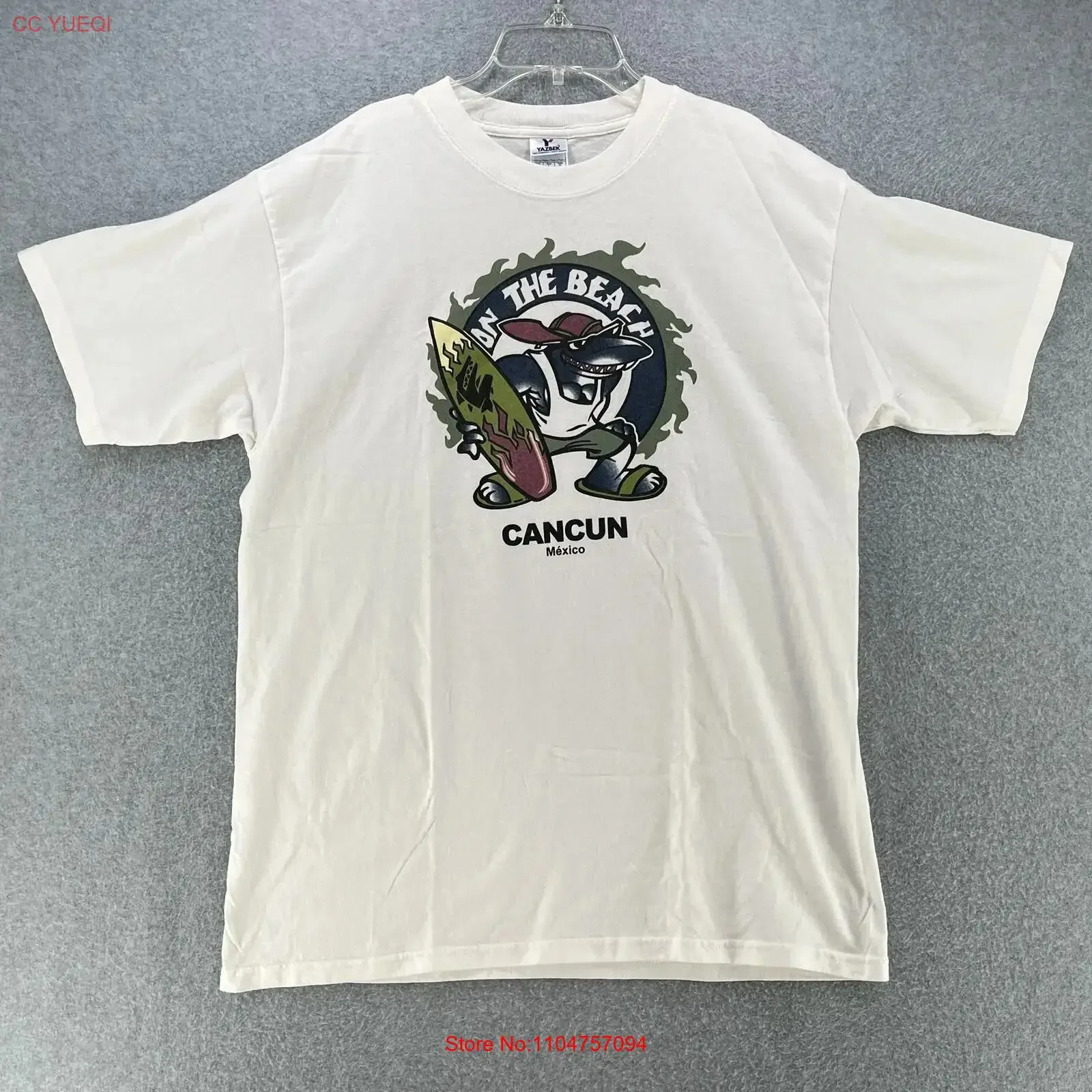 Camiseta Yazbek para hombre, talla grande L, 'On The Beach Cancun Mexico', camisa blanca, estilo vintage relajado, lavada, informal, con gráfico, cómoda y suave