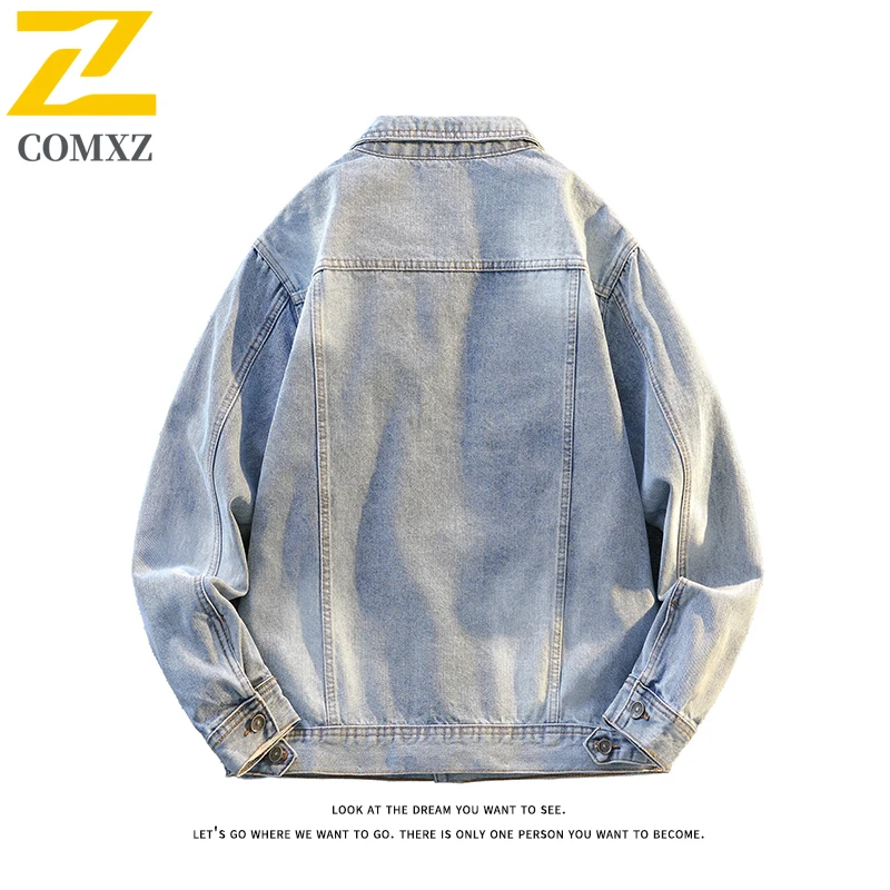 Mens Vintage Denim Jacket Korean Style Waterproof Windproof Streetwear Coat Breathable Loose Fit Autumn Outdoor Casual Outerwear