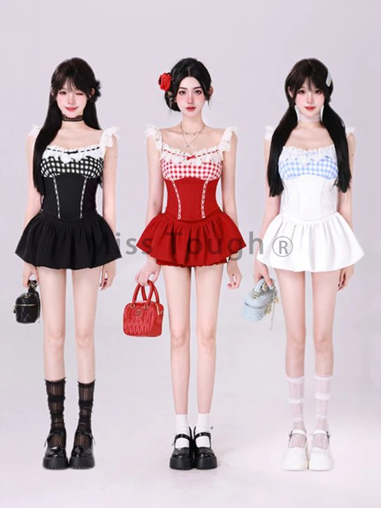 France Fashion Slim Sling Square Neck 2 Piece Set Women Kawaii Sweet Lace Plaid Patchwork Tops Female + High Waist Short Skirt