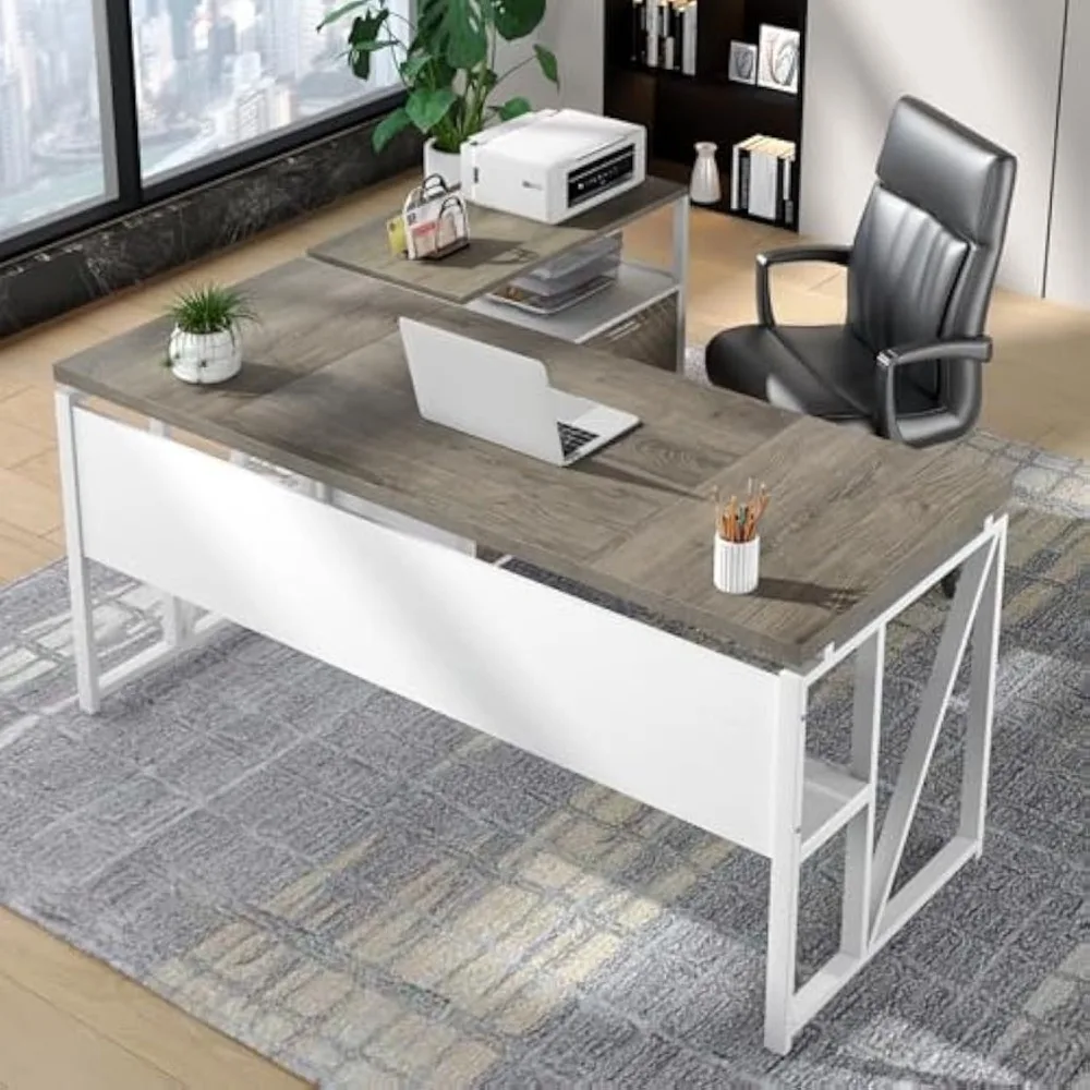 

63" Executive Desk with Reversible File Cabinet, Large L-Shaped Office Desk with Drawers and Storage Shelves