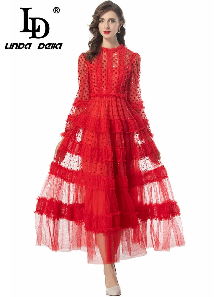 LD LINDA DELLA 2024 Summer Fashion Dress Women Solid Color Temperament Net Yarn Sequins Cascading Ruffle Sexy Embroidery Dresses