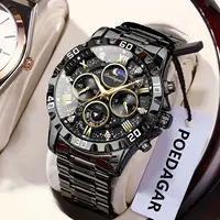 Reloj de pulsera POEDAGAR deportivo de lujo para hombre, reloj de cuarzo luminoso de acero inoxidable resistente al agua para hombre, cronógrafo, relojes militares para hombre