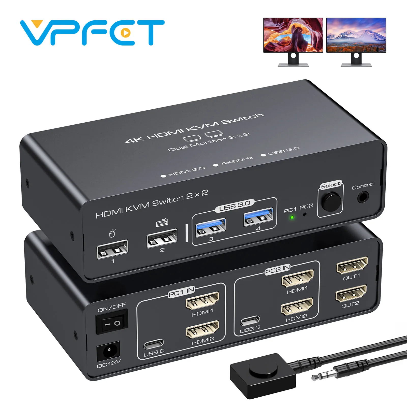 

KVM-переключатель HDMI 2 монитора 2 компьютера 4K при 60 Гц Двойные компьютеры Поделиться 2 монитора Устройства USB 3.0 Режим крепления для Windows