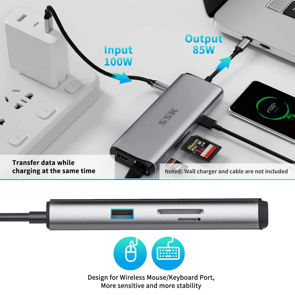 Adattatore Ethernet hub USB C SSK Splitter USB C da 10 Gbps con dock hub HDMI Ethernet SD/TF 4K a 60 Hz per accessori PC MacBook Pro
