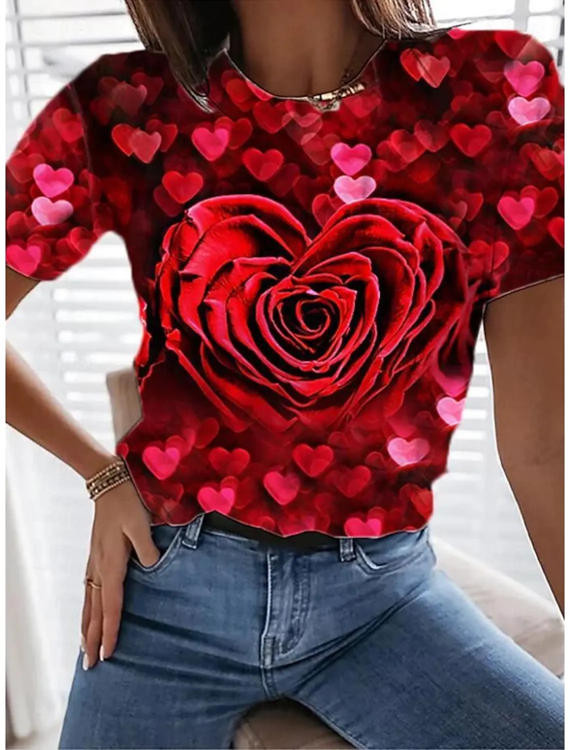 

Женская футболка с розовым цветочным принтом, повседневные праздничные футболки с короткими рукавами и круглым вырезом, летние и весенние футболки больших размеров для девочек