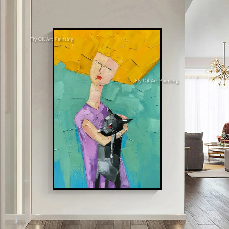 Handpainted Beautiful Women With White Dress And Blue Hat Oil Painting On Canvas New Design Yellow Green Girl Hug A Cat Wall Art