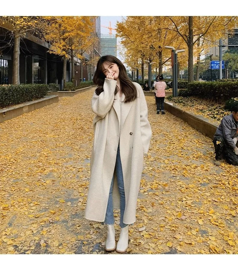 

Осень-зима, новые модные женские двубортные однотонные повседневные модные свободные простые шерстяные пальто, женская одежда до щиколотки