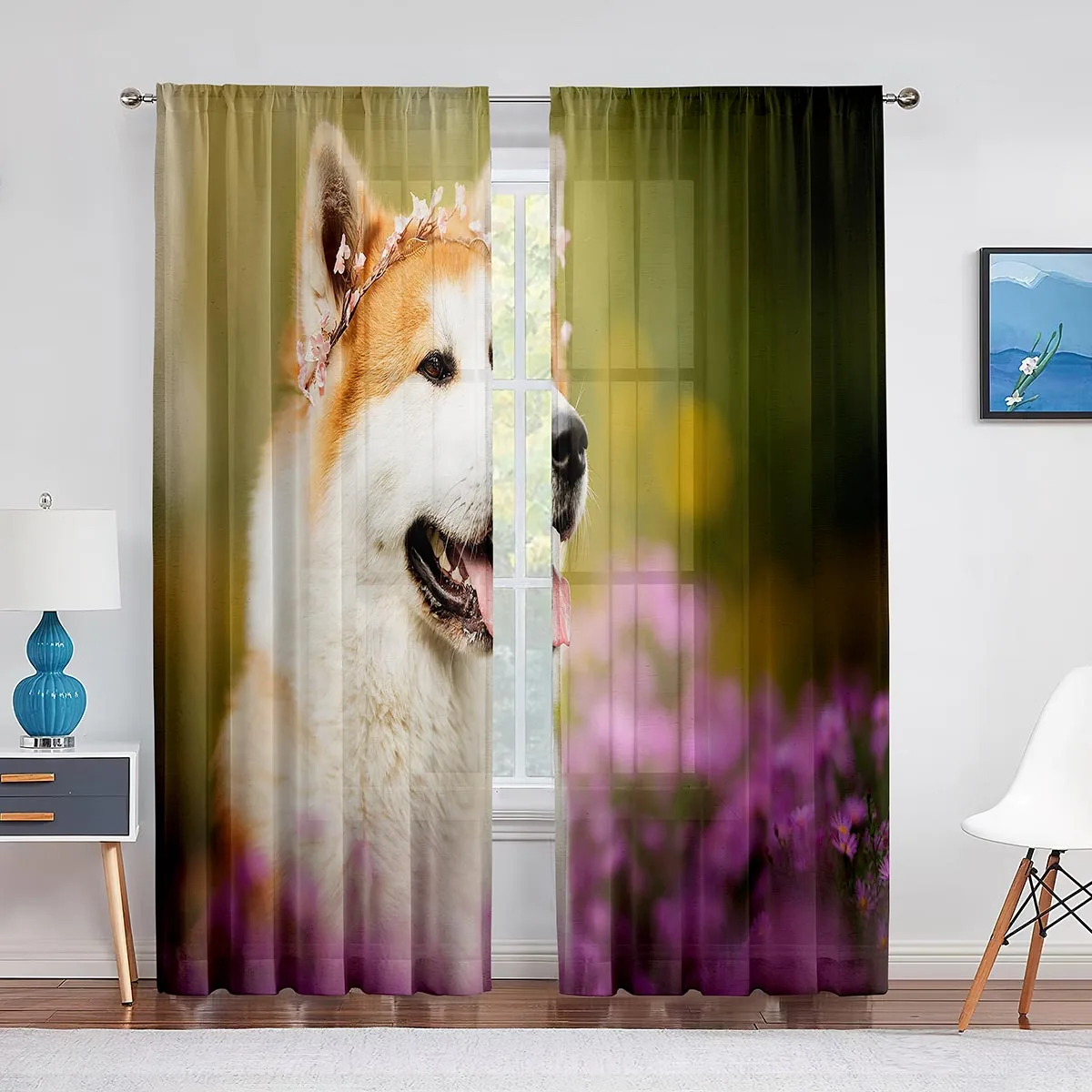 Cute Shiba Inu Dog Standing on Grass Sheer Curtains for Living Room Decor Window Curtain for Bedroom Kitchen Tulle Voile Drapes