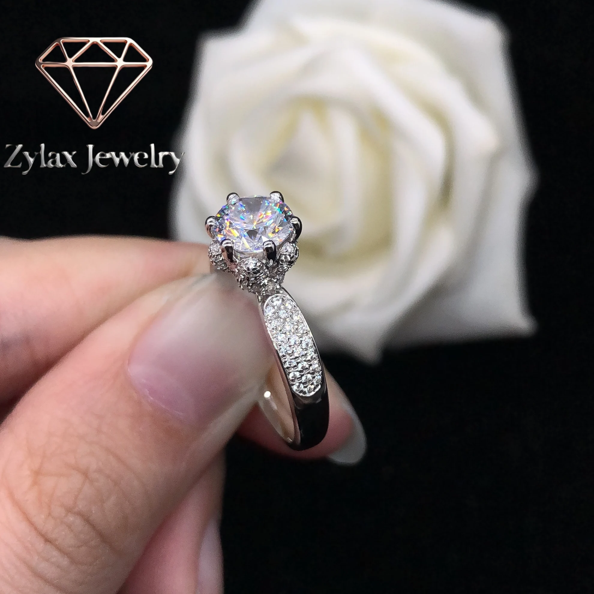 

Zylax Jewelry Daintiness 1Ct 6.5mm D Color VVS1 Moissanite Engagement Ring AU585 14K White Gold Ring Wedding Diamond Jewelry