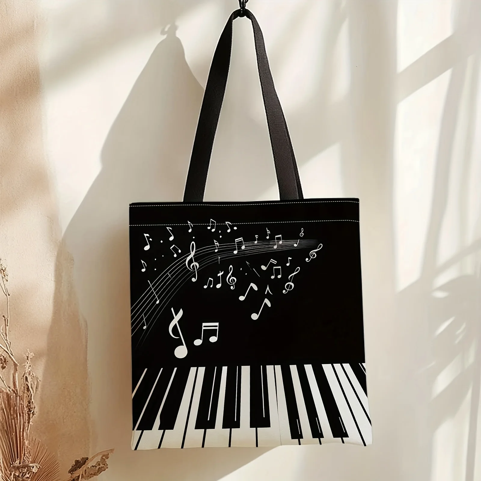 Piano Key & Music Note Tote Bag Reusable Beige Musical Instrument Print HandBag for Musicians Teachers Shoulder Pouch