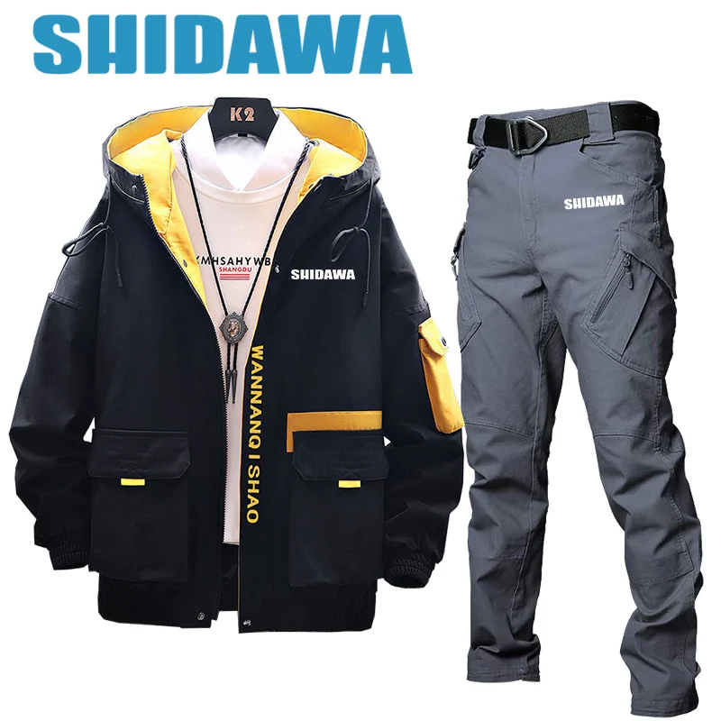 

New Spring Autumn Men's Thin Fishing Suits Outdoor Sports Hiking Clothing Breathable Hooded Casual Jacket + Pants Two Piece Set