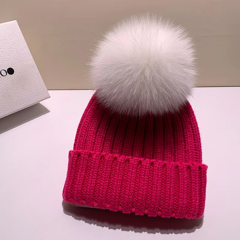 New Natural Fox Fur Pompom Knit Hat For Women Warm Winter Beanies Cap Casual Parent child hat
