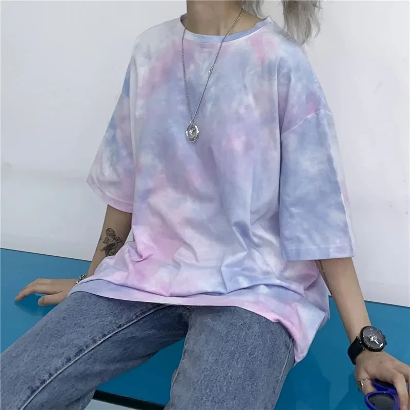 Couples Summer Instagram Harajuku Style Tie Dyed Short sleeved Top New Fashion Loose Casual Academy T-shirt Y2K Street Clothing