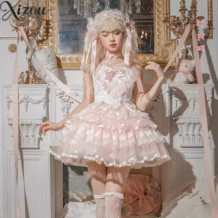 

2025 New JSK Lolita Dress Women Sweet Kawaii Bow Sling Japanese Lace Ruffles Embroidery Princess Party Suspender Dresses