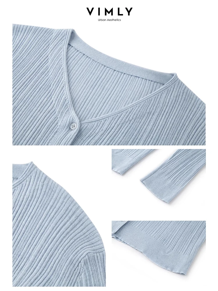 Vimly Wool Blend V-neck Knitted Cardigan Woman 2024 Spring New Light Blue Elegant Soft Knit Sweater Coat Female Knitwear 72792