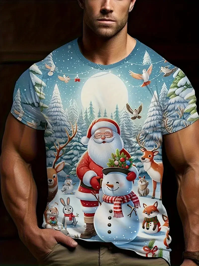 Christmas Men's T-shirt Santa Claus And Snowmen Print Round Neck T-shirt Merry Christmas Short Sleeve T Shirts New In Tops Tees