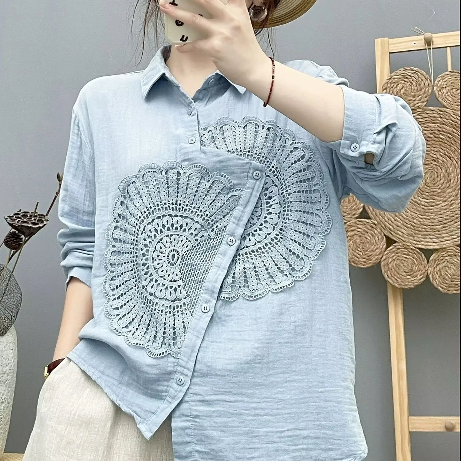 

Fashion Double-layer Cotton Long-sleeved Shirt Women's 2026 New Chinese style with Lace Embroidery Patchwork Casual Tops