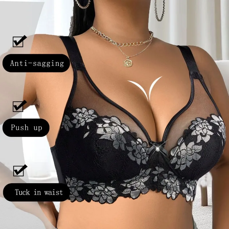 Plus Size Lace Underwear Set with Underwire, Adjustable Straps Bra & Panty Set for Women, 85C-110F (38C-44F)