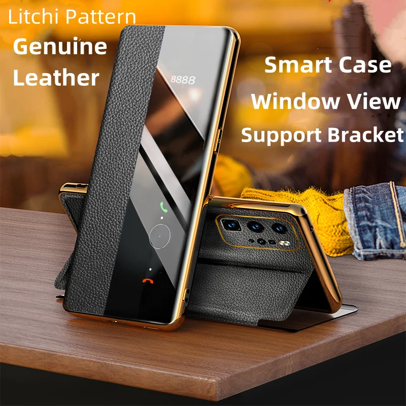 Luxury Litchi Pattern Genuine Leather Smart Case for Huawei P30 P40 P50 Pro Auto Wake Up & Sleep Smart Window View Flip Case