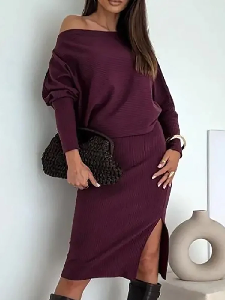 

Свободный женский костюм в офисном стиле, повседневный костюм с разрезом на бедрах, модный топ с открытыми плечами и длинными рукавами и юбка, комплект из двух предметов