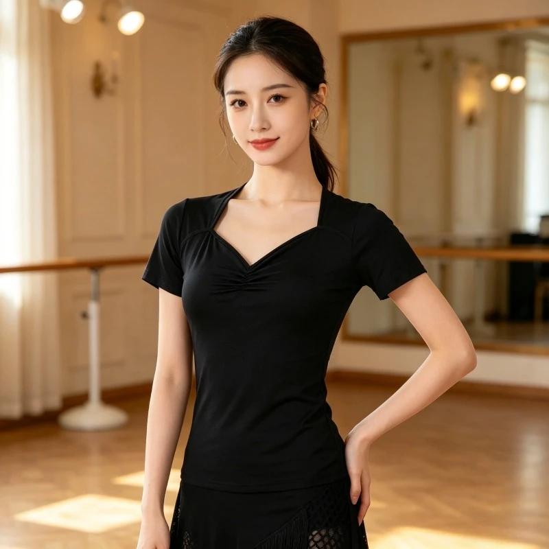 

Women's Summer Black Latin Dance Top: Form-fitting, Short-Sleeve, Soft, and Breathable Latin Dance Practice and Performance Wear
