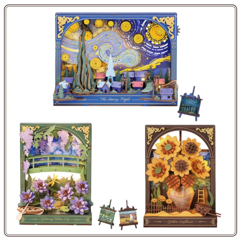 Nuovo ROKR Woodcraft Libro d'arte Notte stellata Fatto a mano Regalo fai da te Assemblaggio Blocchi di costruzione Ornamenti creativi di fiori e alberi