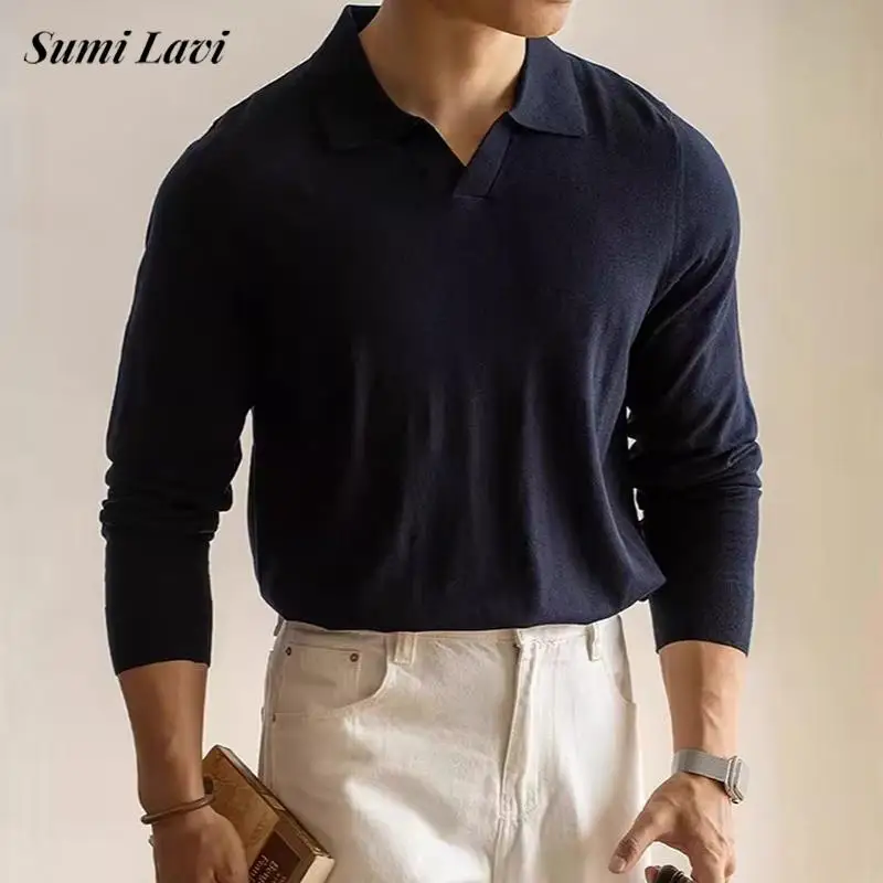 

Stylish Solid Color Simple Polo Shirt Mens Knitting Long Sleeve Turn-down Collar Casual Sweater Spring Autumn Fashion Men Polos