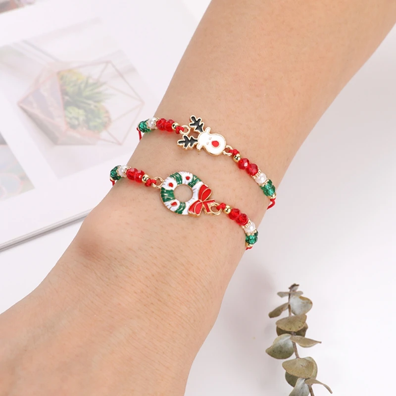 6/12PCS Christmas Red Rope Santa Claus Elk Bell Crystal Beaded Bracelet for Women Children Girl Christmas Party Favor Xmas Gift