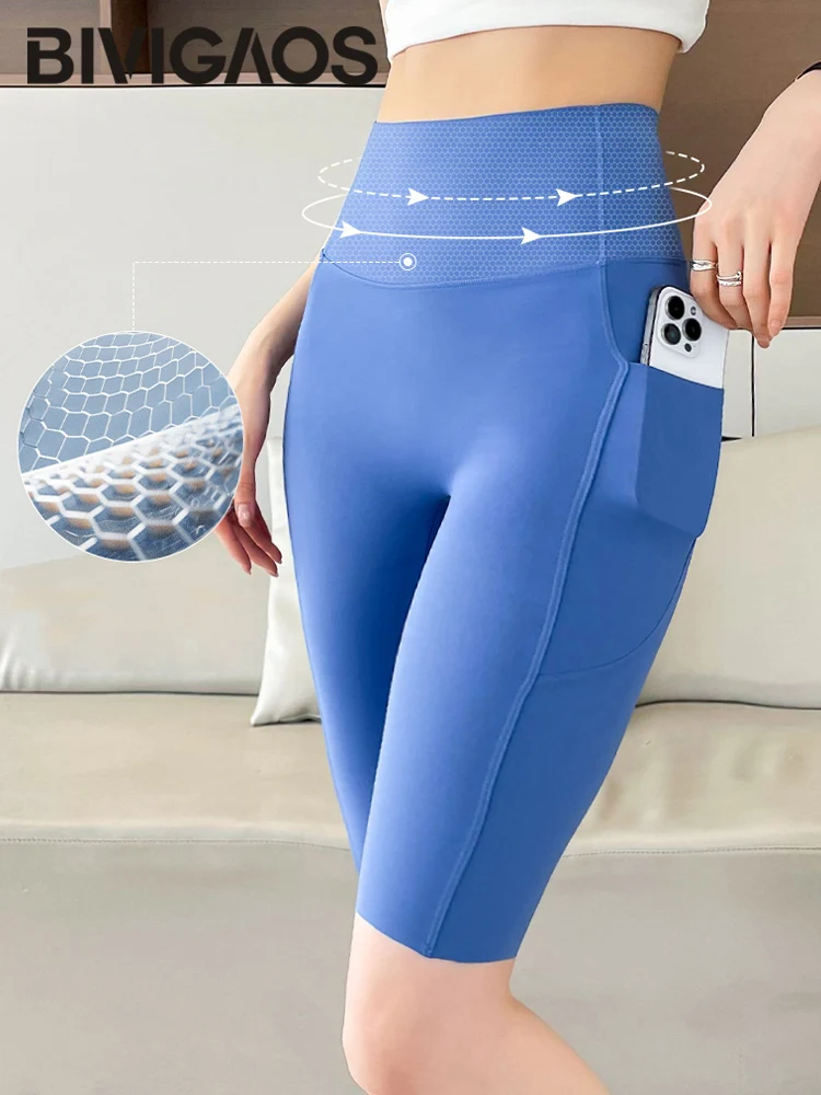 BIVIGAOS Summer Knee Length Yoga Biker Shorts Women Pockets High Waist Butt Lifter Cycling Leggings Fitness Sport Bicycle Shorts