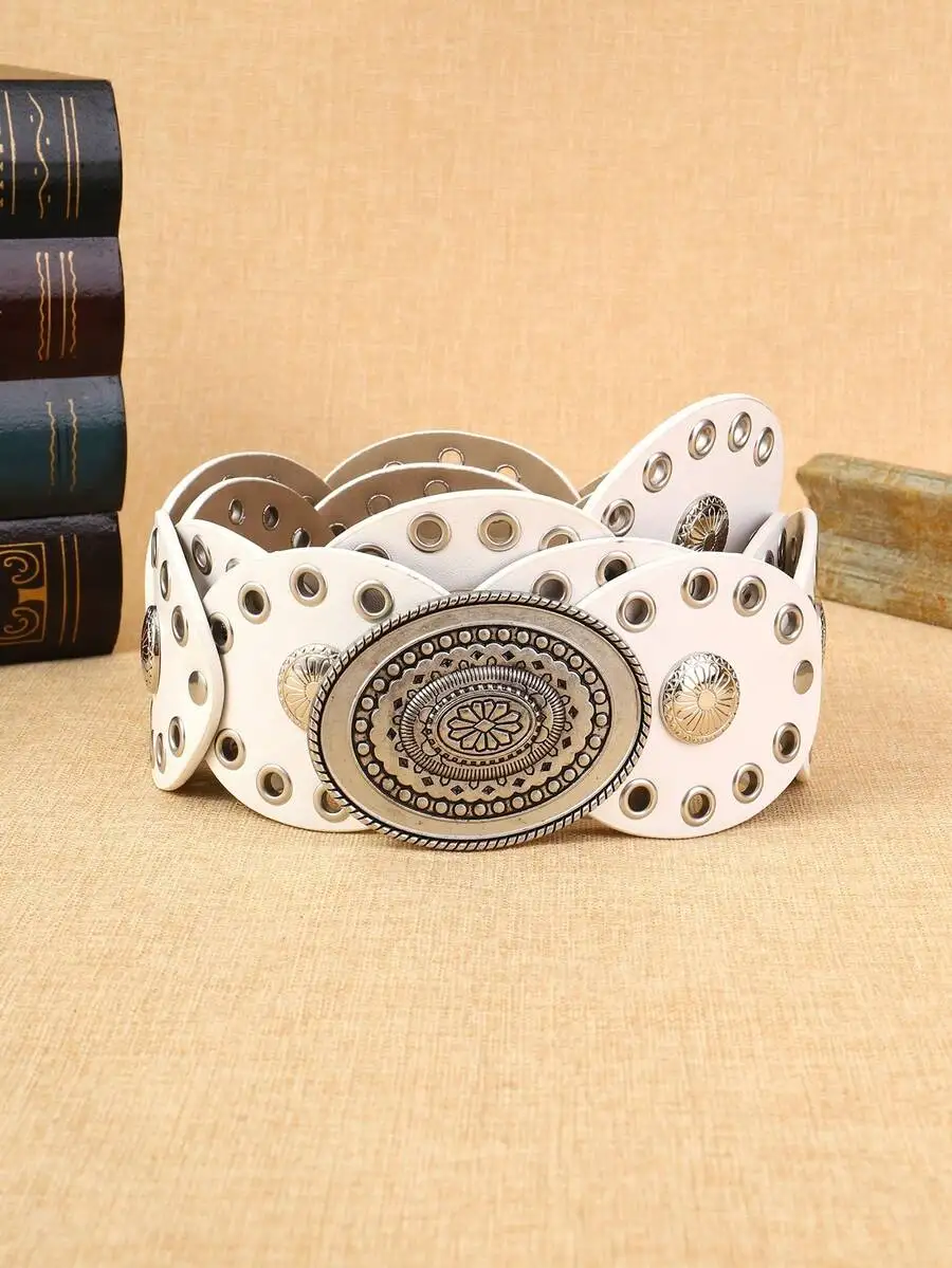 Travachic 1pc White Bubble PU Round Buckle Fashion Belt, Metal Leather Belt, Bohemian Style Suitable For Daily Use Fall,