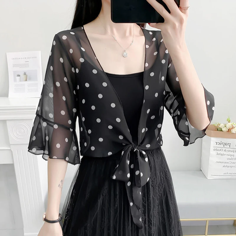 Korean Dot Printing Sun Clothing Women Chiffon Transparent Sunscreen Shawl Summer Blouse Cape Knotted Cloak Neck Guard Scarf R14