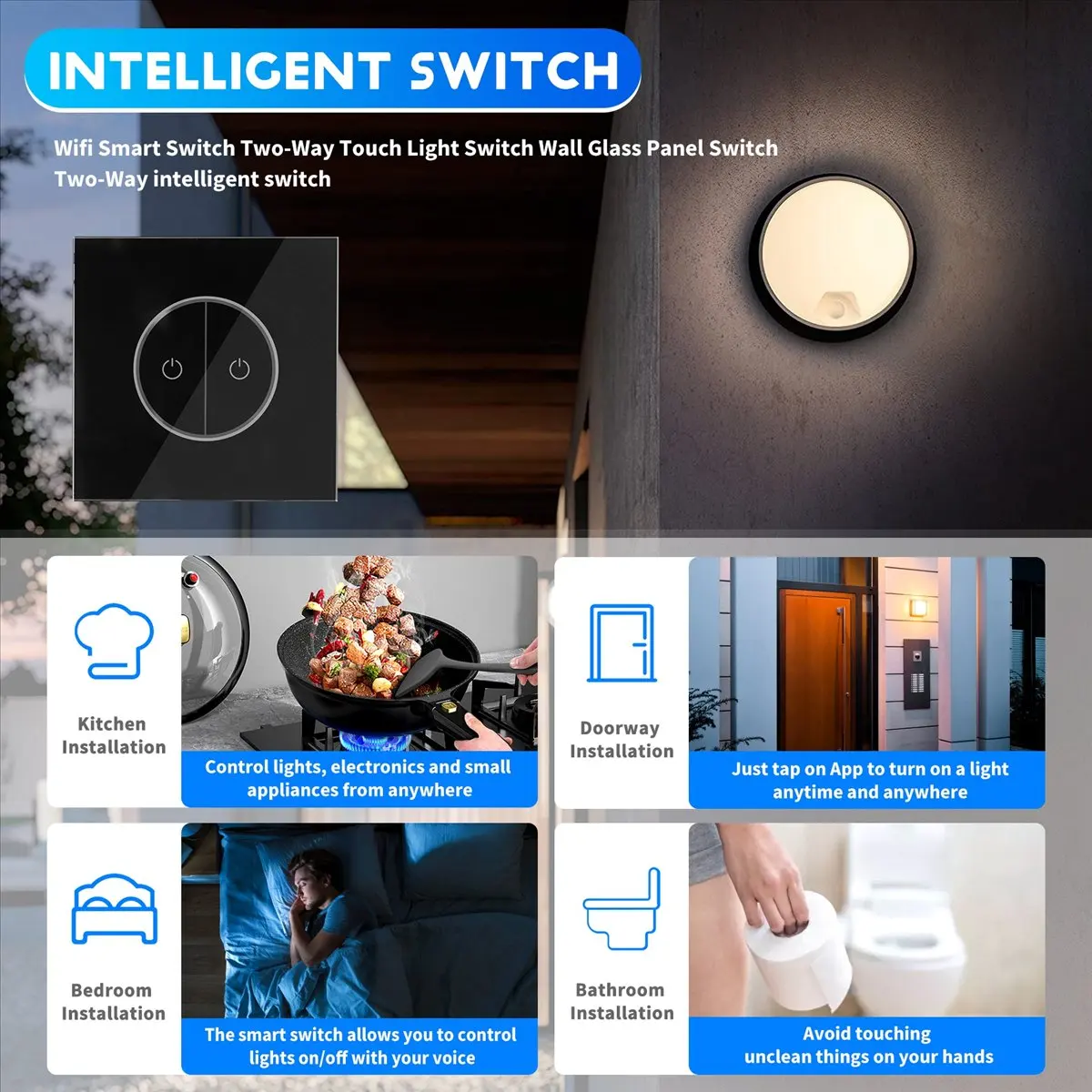 

Tuya Wifi Smart Switch Two-Way Touch Light Switch Wall Glass Panel Switch European Standard National Standard Universal