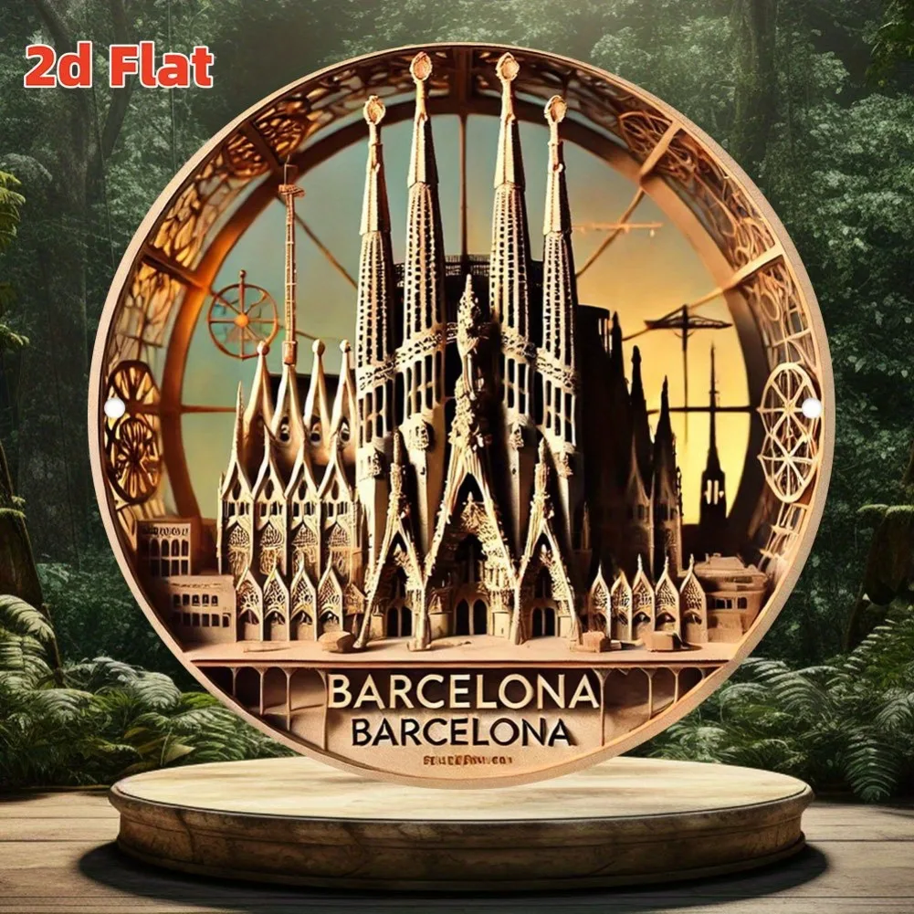 2D Flat, Barcelona Sagrada Familia Deko-Schild, 7,8 x 7,8 Zoll – flaches, bedrucktes Metallschild für Heimdekoration