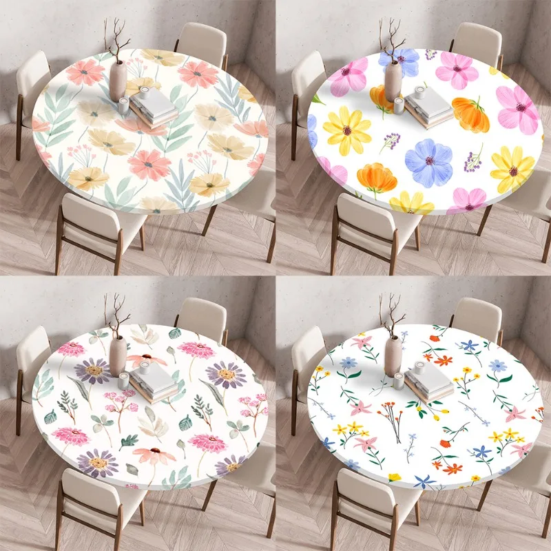 Elastic Tablecloth, Fresh and Light Background, Floral Round Table Fabric, Waterproof Elastic Table Cover