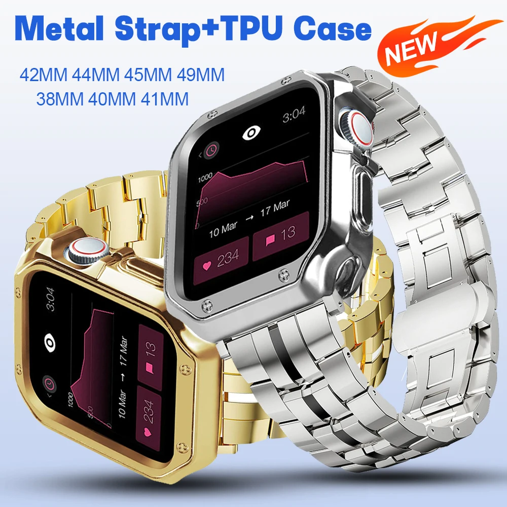 

Metal Strap+TPU Case for Apple Watch Band 9 Ultra 2 49mm 45mm 44mm 42mm 38 40 41mm Stainless Steel Bracelet iwatch 8 7 6 SE 5 4