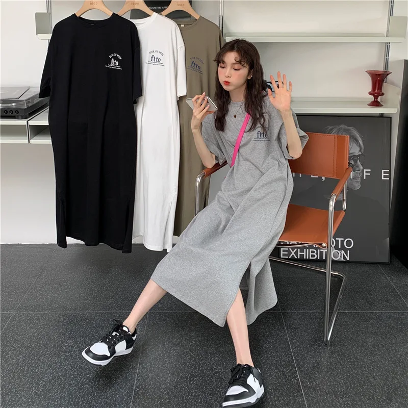 1 Piece plus Size WOMEN\'S Loose Split Knee-length T-shirt Dress Casual Simple Fashionable Letter Print Nightgowns