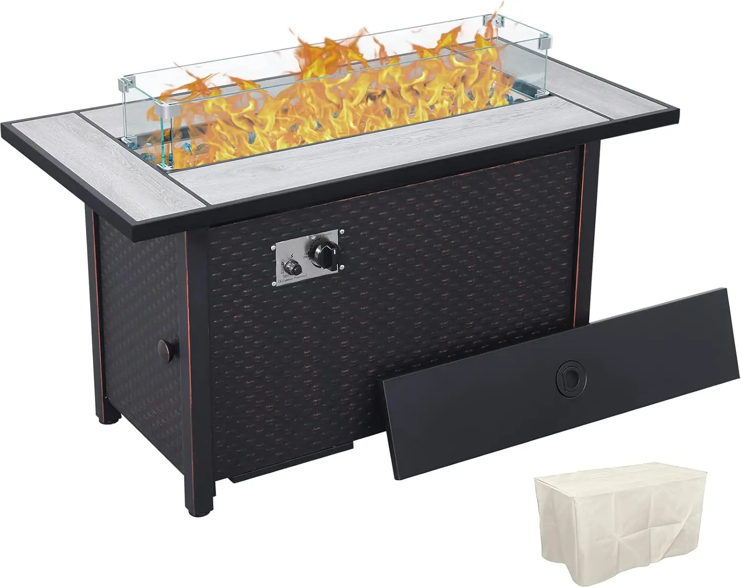 45 Inch Fire Table for Outside 60000 BTU Steel Gas Fire Pit Outdoor Fire Pit Table with Woodgrain Marble Tabletop Glass Wind