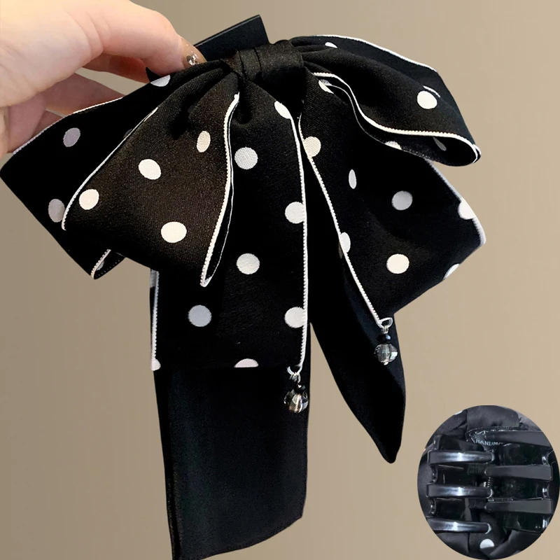 أبيض وأسود البولكا نقطة القوس الكبير مشبك شعر للمرأة أنيقة النسيج لونين دبوس الشعر فتاة الموضة الجزء الخلفي من رئيس الشعر البطلينوس
