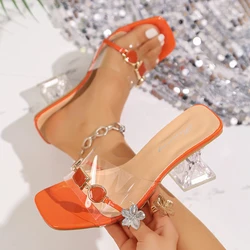 Women's Slippers Summer New High Heels Square Head Open Toe Simple Sandals Casual Fashion Temperament Crystal Slippers