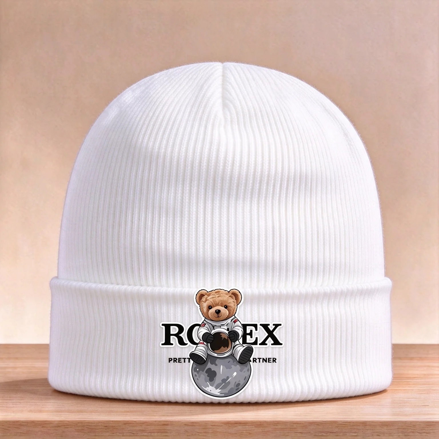 2026 Cuffed Beanie Hat Cartoon Astronaut Bear Sit On Moon Graphic Print Soft Casual Outdoor Headwear for Men Women Street Style