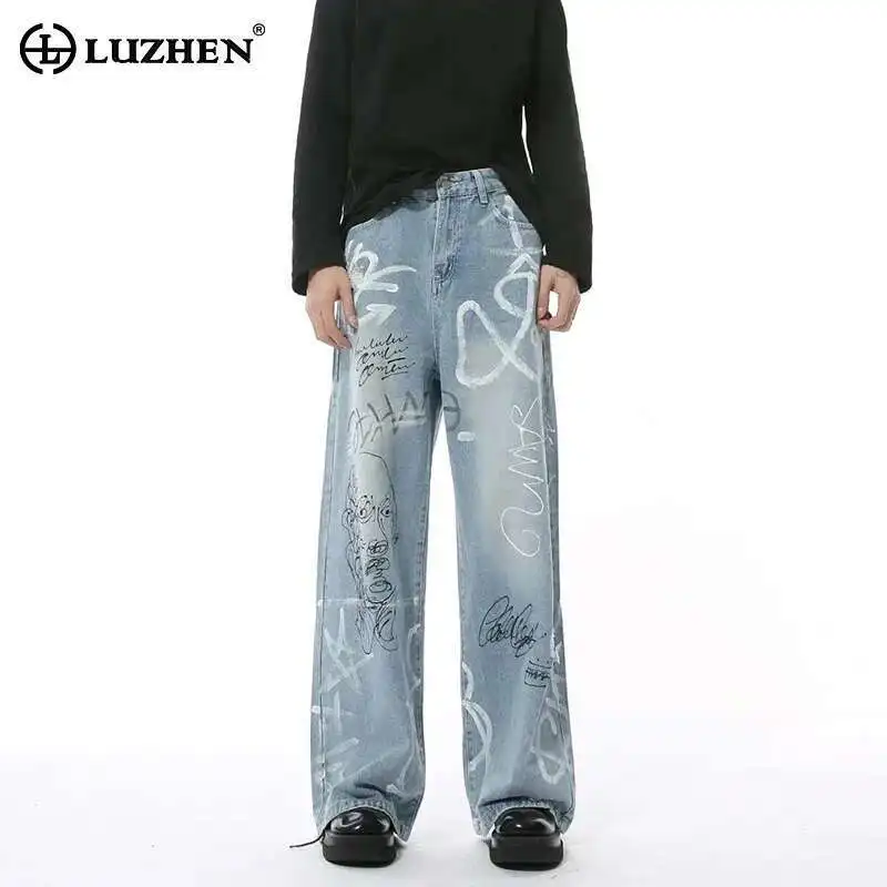 

LUZHEN Personalized Street Hand-painted Scrawl Four Season Jeans Spring Casual American Straight Popular Men Denim Pants LZ8295