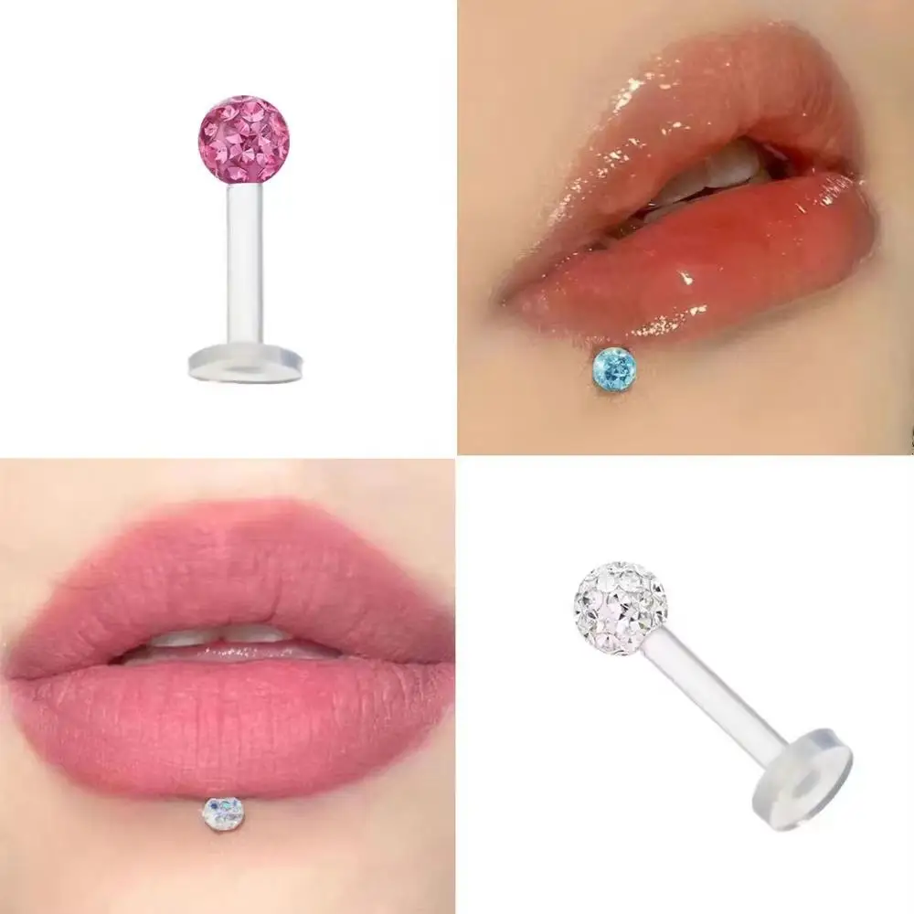 2pcs 16G Acrylic Labret Lip Ring 6-12mm Bar Flexible Epoxy Coved Crystal 3mm Ball Ear Tragus Stud Retainer Piercing Jewelry