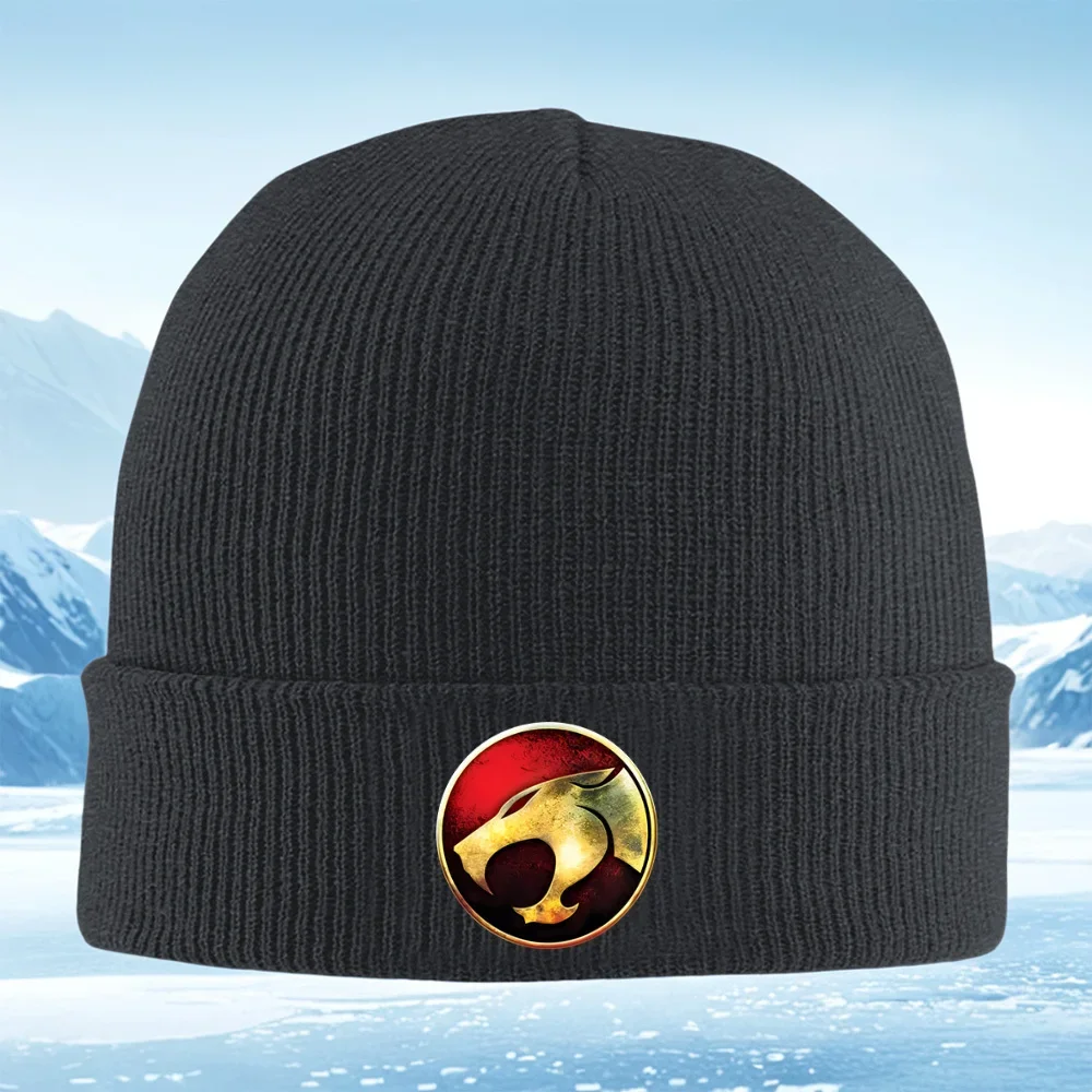 2026 Golden feline emblem red background circle Men Women Unisex Knitted Hat Beanie Pullover Cap Winter Thermal Warm Christmas O