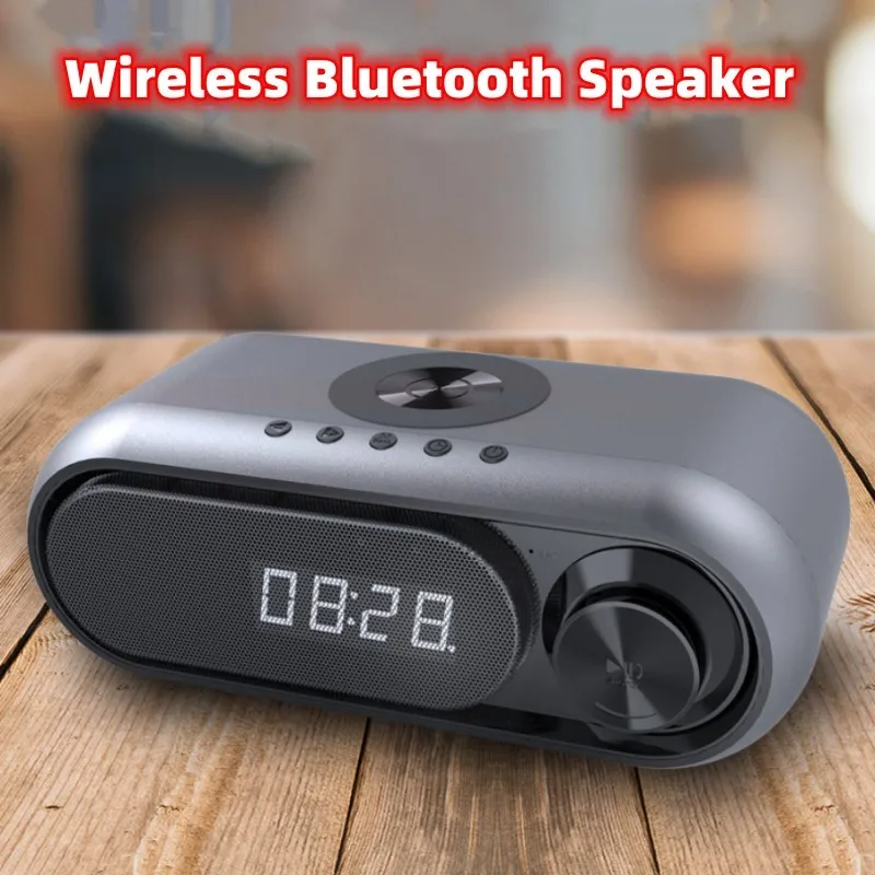 

New Portable Bluetooth Speaker Multifunctional Soundbar Charging Clock Alarm FM Radio TF Bedside Speaker With Wireless Charger