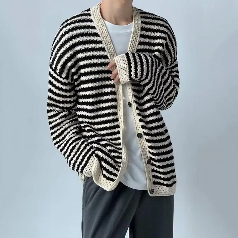 

Men Fall Winter Cardigan Knitted Color Matching Striped Single-breasted V Neck Hollow Out Long Sleeve Loose Elastic Men Coat