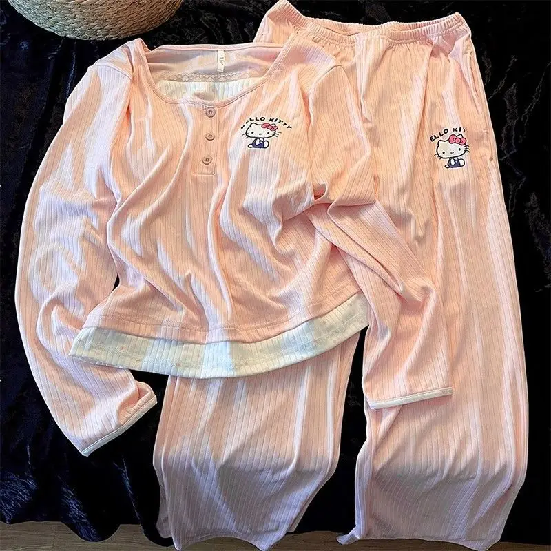 

Korean Style Hello Kitty Fake Two-piece Sleepwear with Chest Cushion Women's Spring and Autumn New Home Suit Set